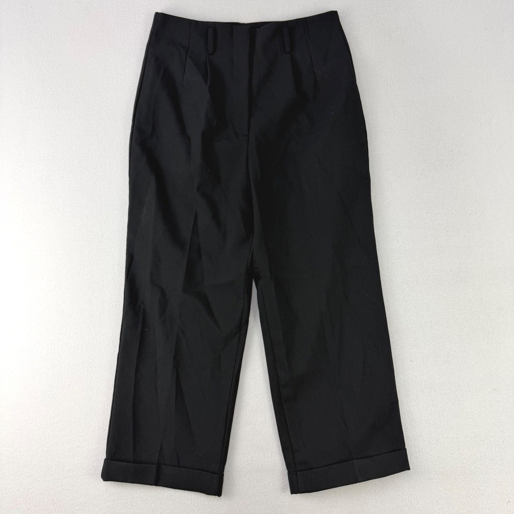 Zara High Waist Wide Leg Trousers Women L Black Pleated Cuffed Dress Pants Ankle